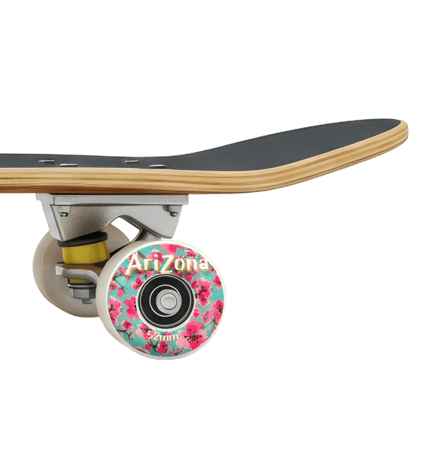 Skateboard with a floral wheel on a black background