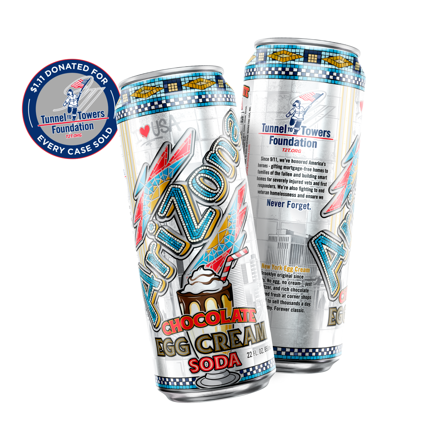 Two cans of chocolate egg cream soda, front and back view