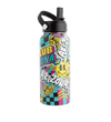 Multicolored water bottle with various  sticker designs and text on a black background