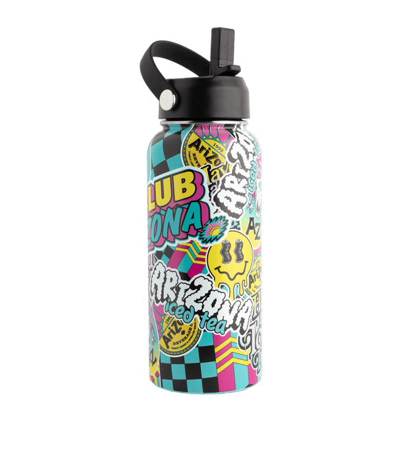 Multicolored water bottle with various  sticker designs and text on a black background