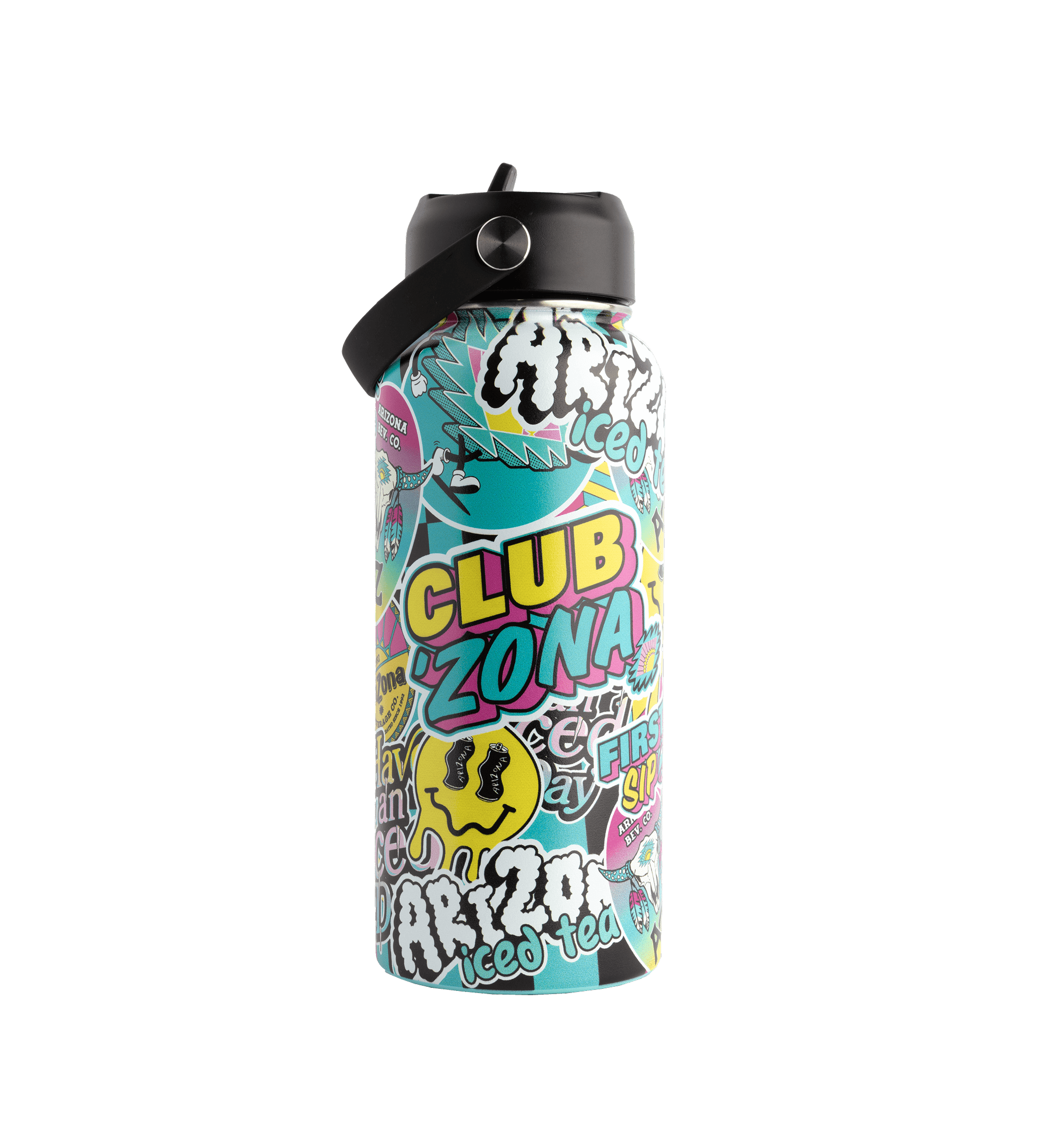 Multicolored water bottle with 'Club Zona' branding on a black background