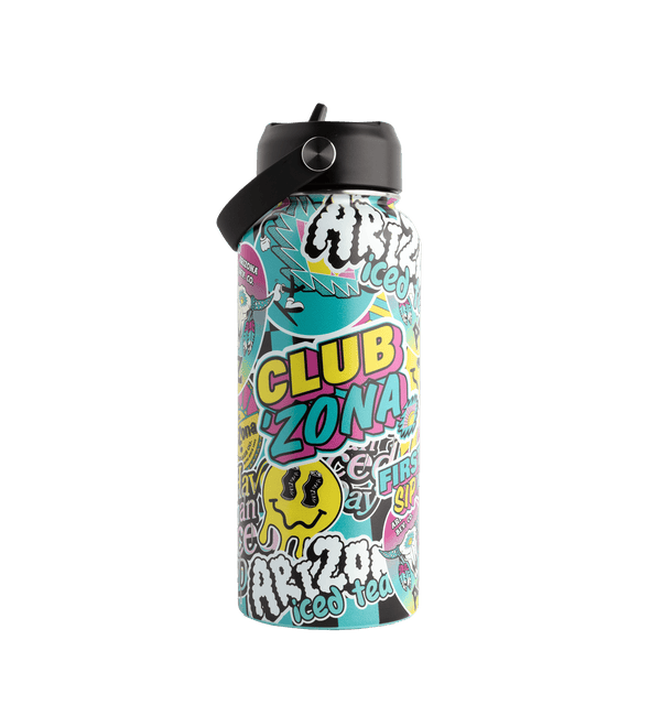 Multicolored water bottle with 'Club Zona' branding on a black background
