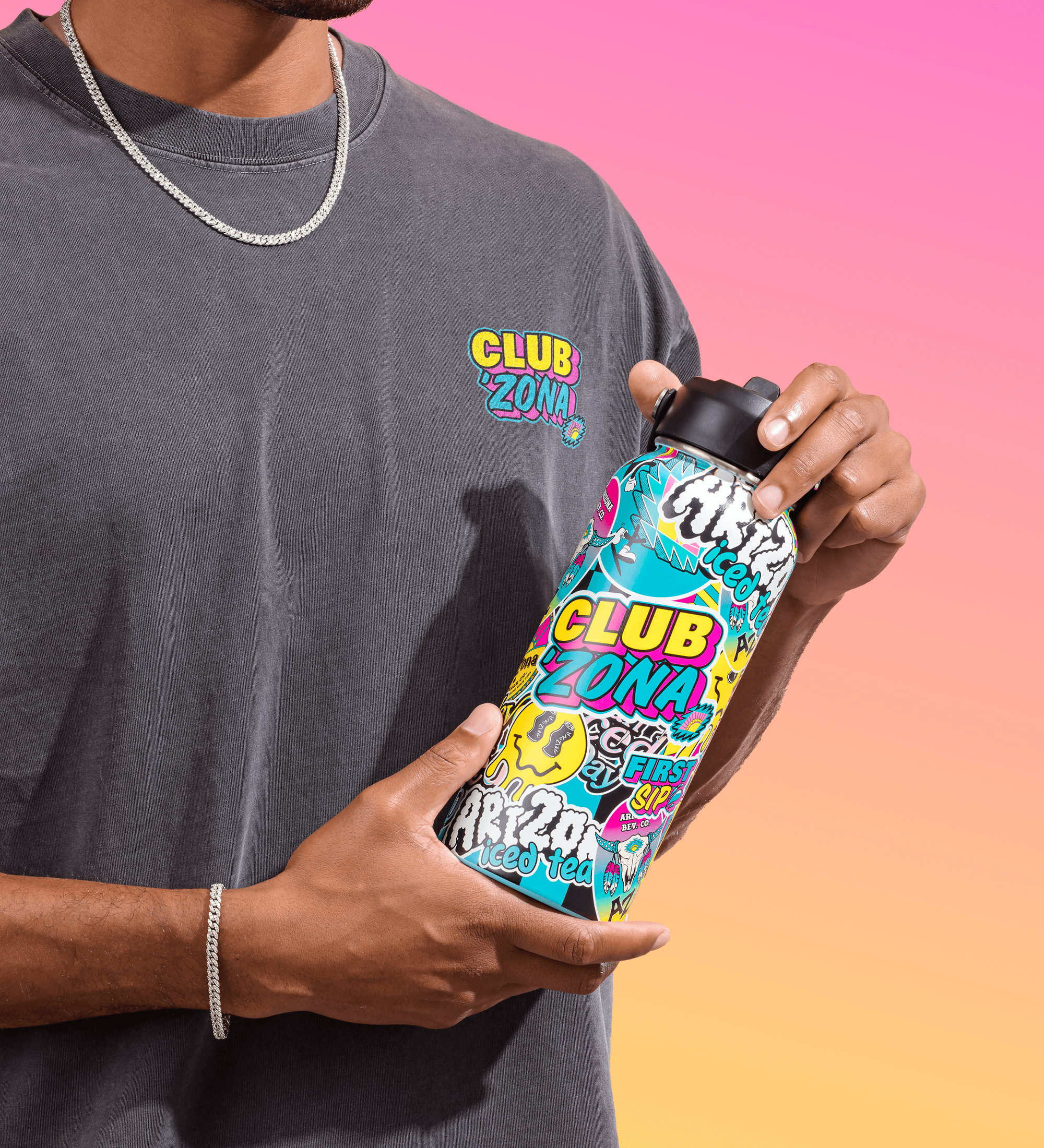 Person holding a colorful 'Club Arizona' water bottle against a gradient background Lifestyle Image