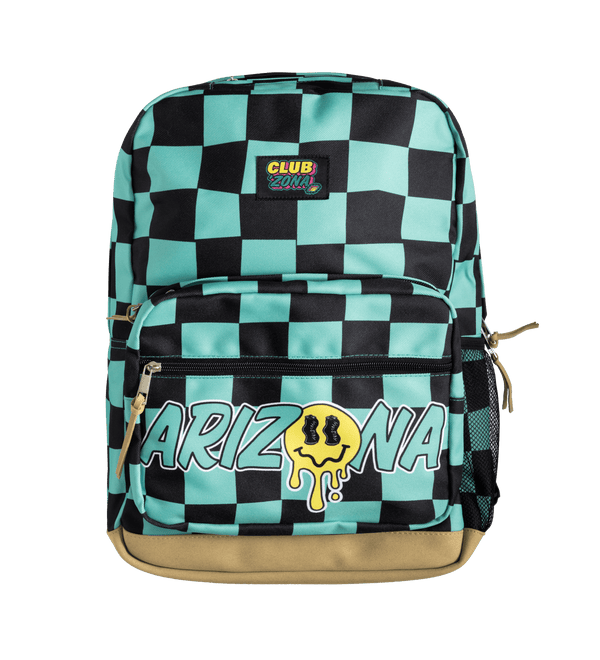 A Club Zuma Arizona backpack featuring a black and mint green checkered pattern, a large 'ARIZONA' graphic with a yellow melting smiley face on the front pocket, and a tan base.