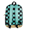 A backpack shown from the back, featuring a black and mint green checkerboard pattern, light mint green padded shoulder straps, and a beige bottom panel, set against a solid black background.