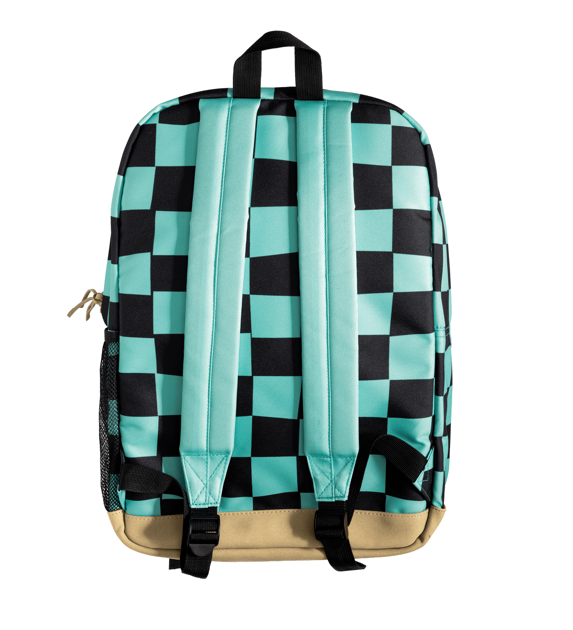 A backpack shown from the back, featuring a black and mint green checkerboard pattern, light mint green padded shoulder straps, and a beige bottom panel, set against a solid black background.