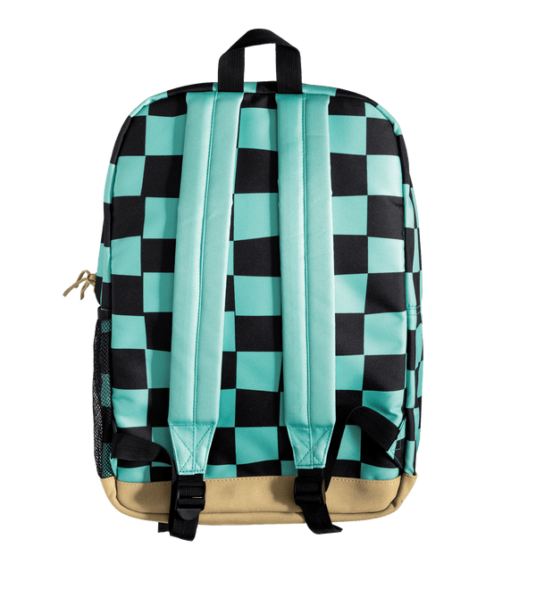 A backpack shown from the back, featuring a black and mint green checkerboard pattern, light mint green padded shoulder straps, and a beige bottom panel, set against a solid black background.