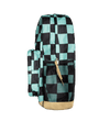 A backpack with a black and mint green checkerboard pattern, featuring a front mesh pocket with a tan zipper pull and a solid tan base, shown against a solid black background.