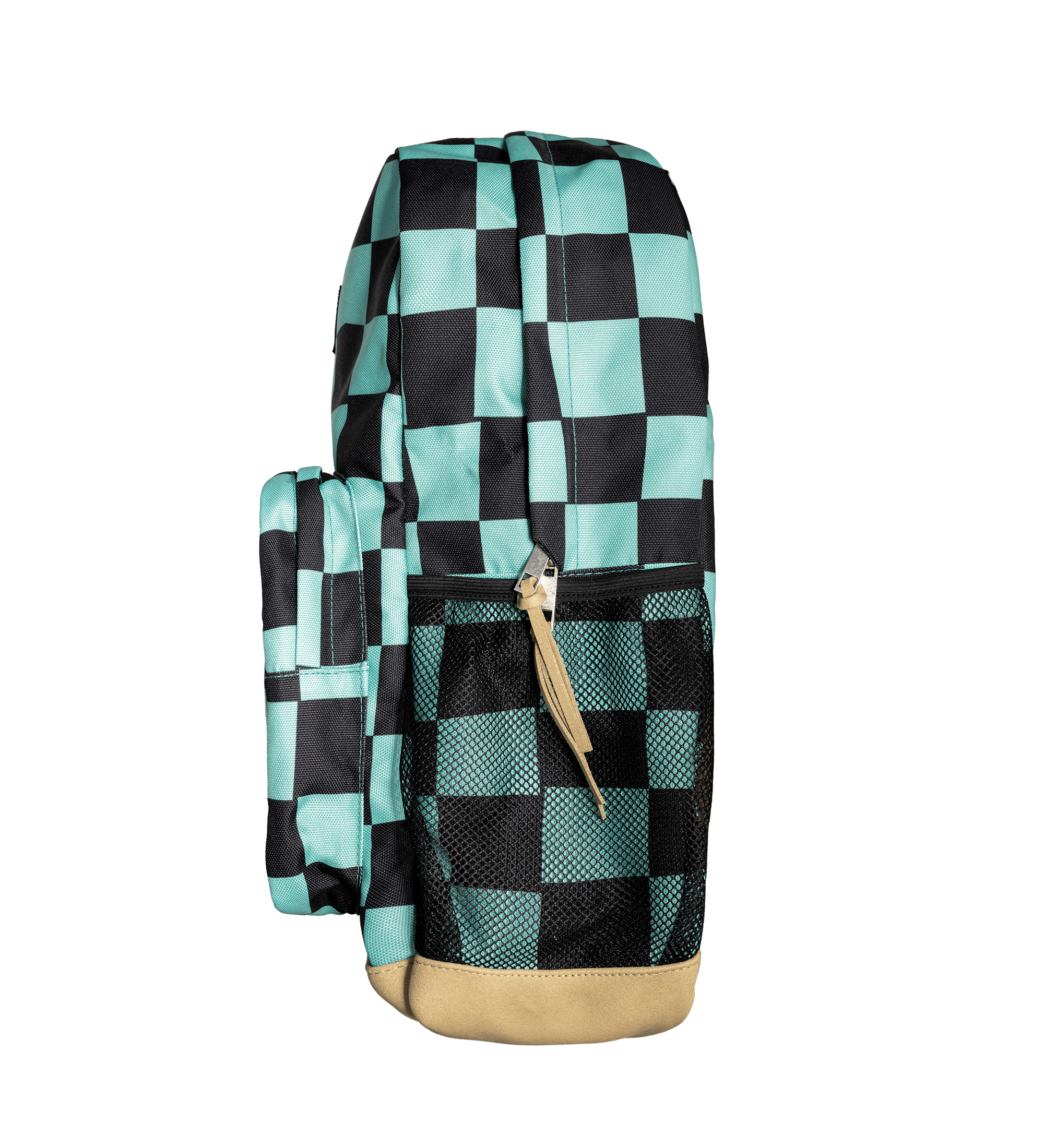 A backpack with a black and mint green checkerboard pattern, featuring a front mesh pocket with a tan zipper pull and a solid tan base, shown against a solid black background.