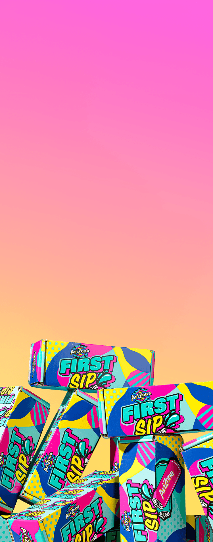 A stack of colorful First Sip boxes arranged in a pyramid against a pink-to-yellow gradient background.