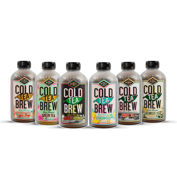 Set of six bottles of AZ Cold Brew tea with colorful labels 