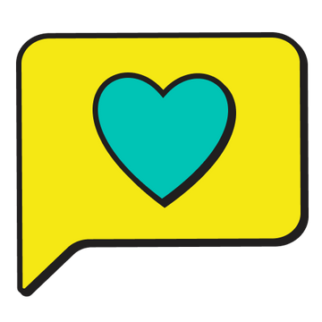 Yellow speech bubble with a blue heart inside