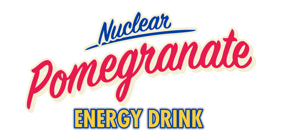 Logo of Nuclear Pomegranate energy drink with colorful text on a white background