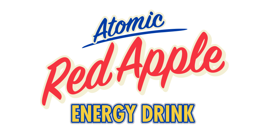 Atomic Red Apple Energy Drink logo with colorful text on a white background