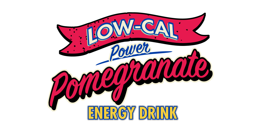 Logo of a low-calorie pomegranate energy drink with colorful text on a white background.