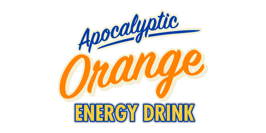 Logo of Apocalyptic Orange Energy Drink with blue, orange, and yellow text on a white background.