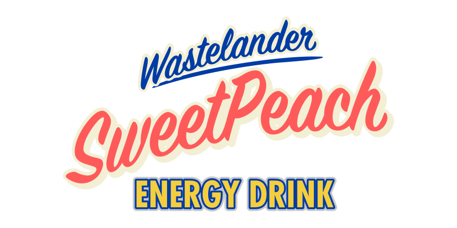 Logo of Wastelanders Sweet Peach Energy Drink with colorful text on a white background
