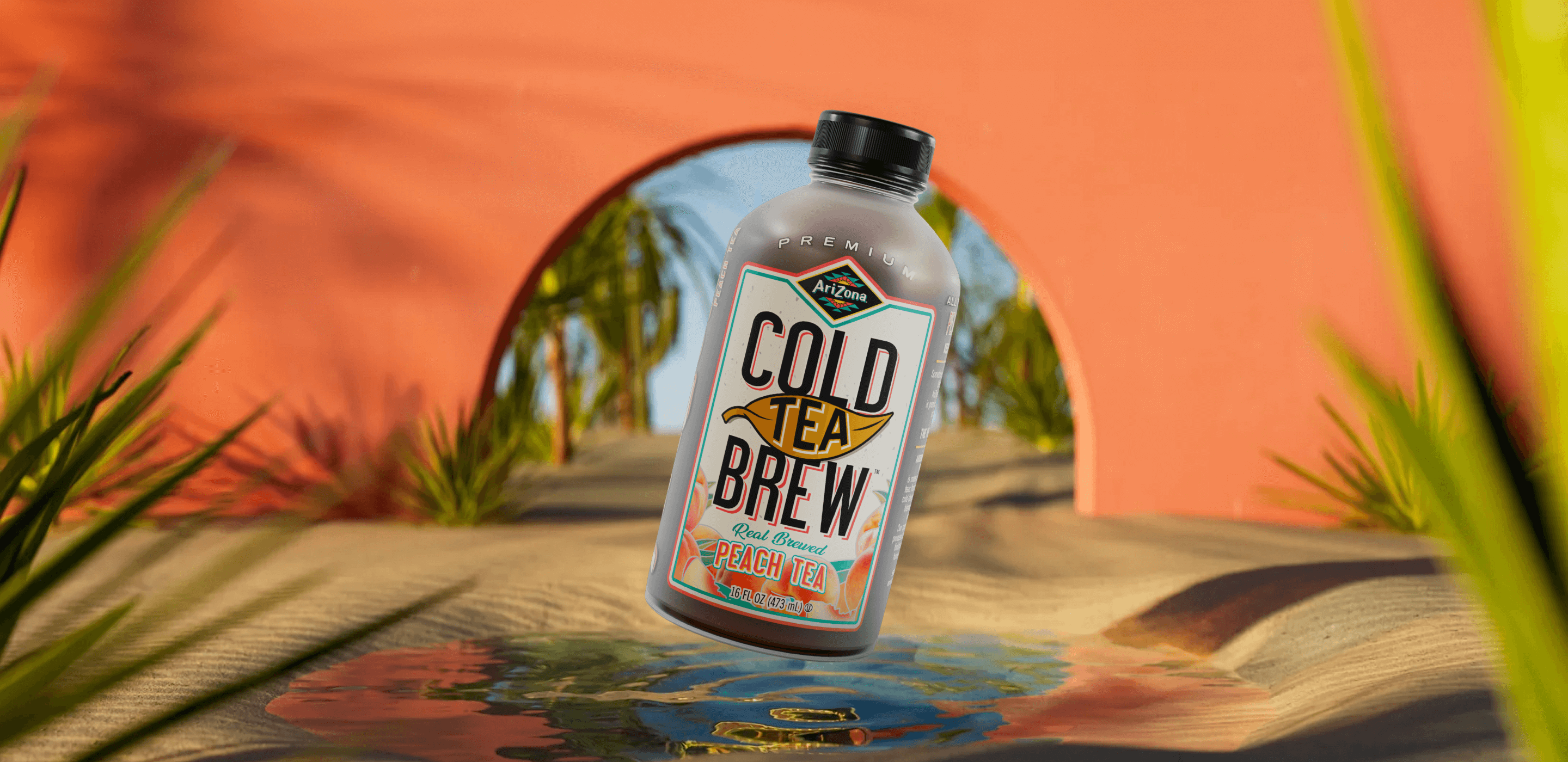 Peach Cold Tea Brew bottle with a desert background