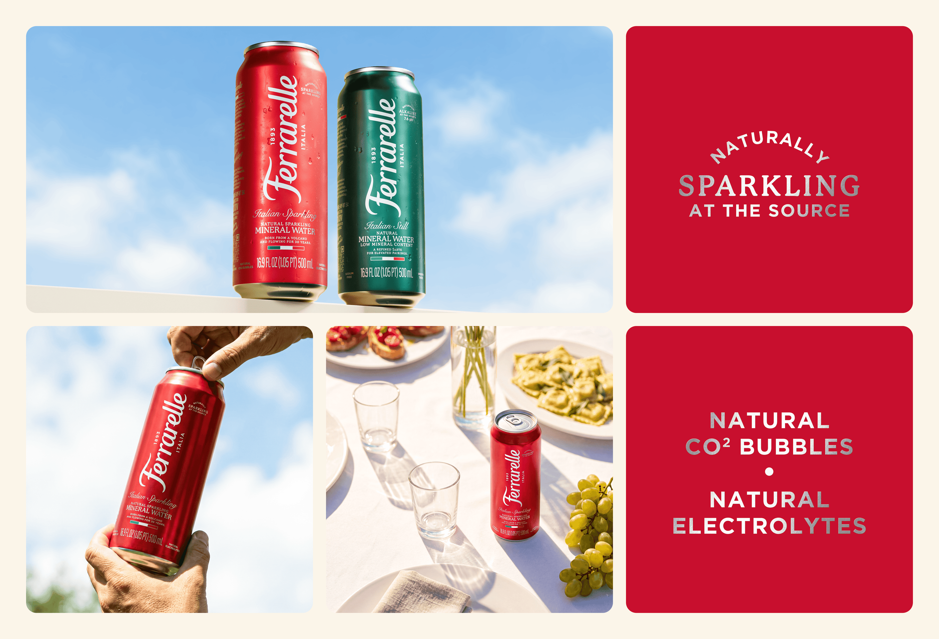 A four-panel collage showcasing Ferrarelli sparkling beverage cans. The top-left panel shows two cans (one red, one green) against a blue sky.
