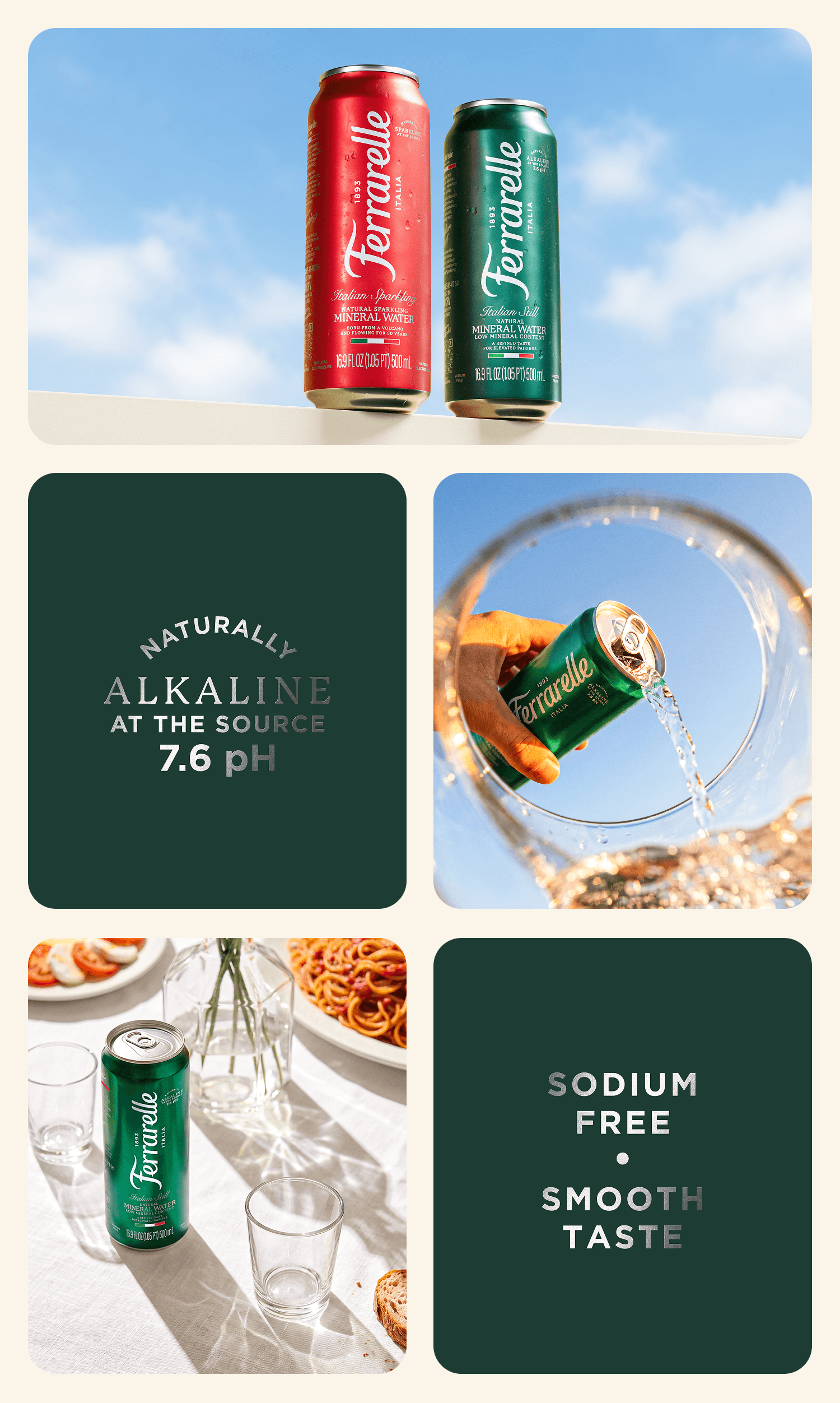 A 2x3 collage of Terrabile beverage cans and marketing text. The top panel shows two cans, one red and one green, against a blue sky.