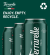 Three dark green Ferrarelle Italia aluminum cans arranged in a row on a dark green background, with the text 'ENJOY. EMPTY.