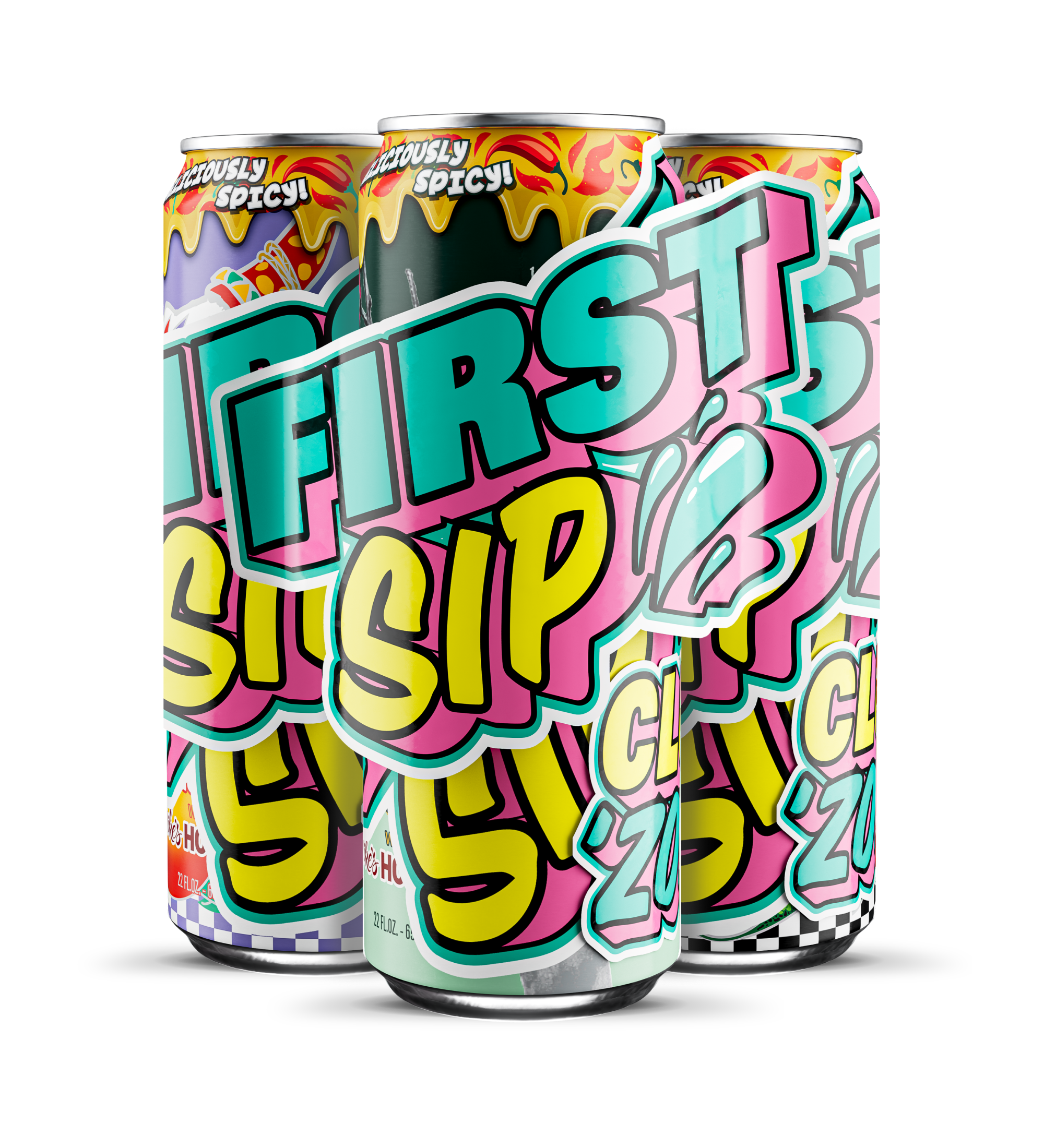 Three colorful cans of 'First Sip Club' with vibrant graphics