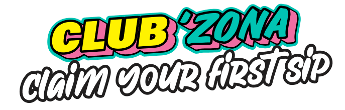 Colorful logo with 'CLUB ZONA' and 'claim your first sip' text 
