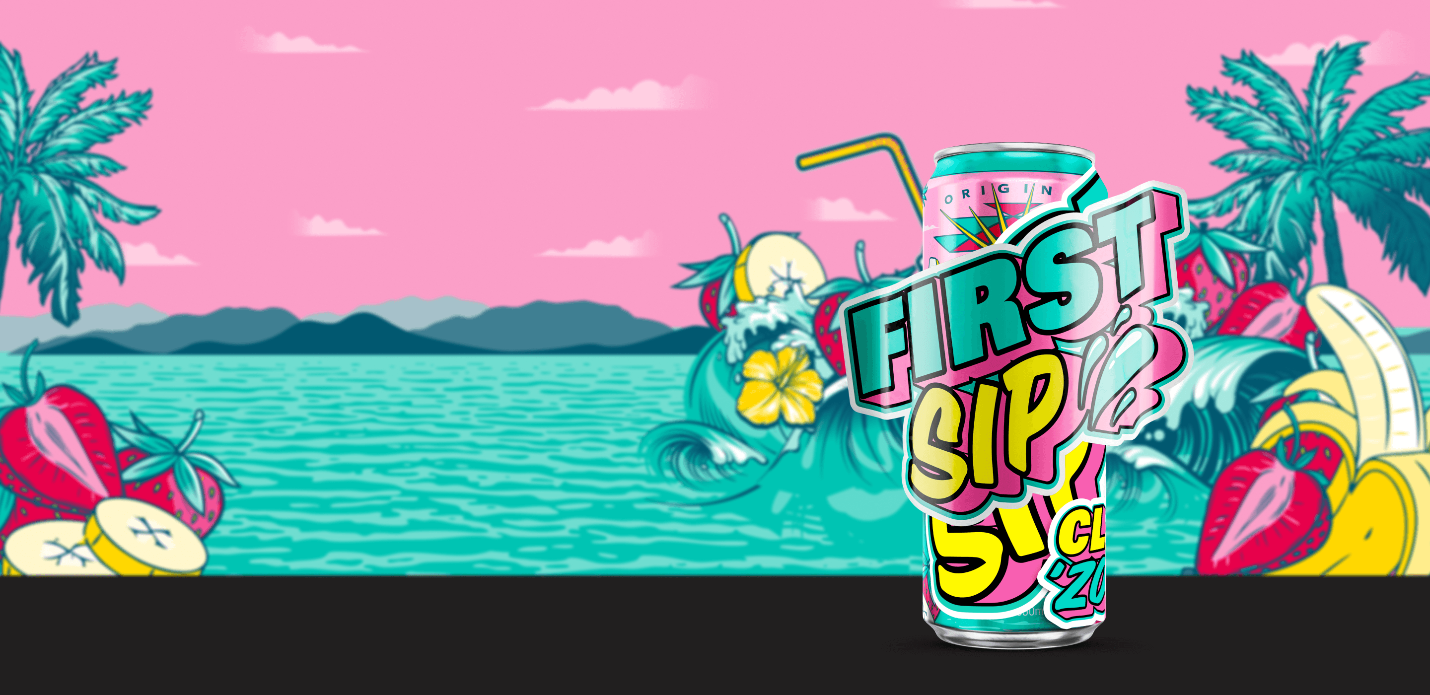 A colorful illustrated beverage can with the text 'FIRST SIP' and '5% CI' on the label, set against a tropical beach scene with palm trees, ocean, strawberries, and fruit graphics.