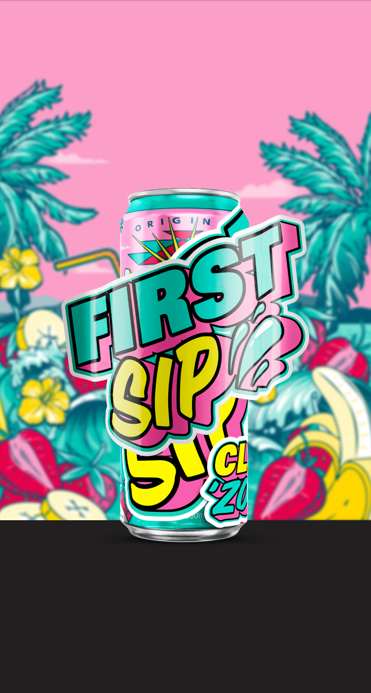 A colorful beverage can with bold text reading 'FIRST SIP' in pink, yellow, and teal, set against a tropical palm and fruit illustration on a pink background.