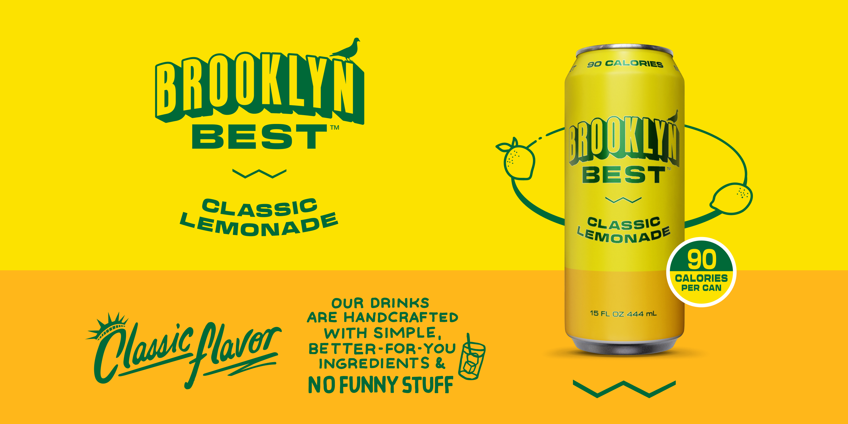 Yellow can of Brooklyn Best Classic Lemonade with branding and product details on a yellow background