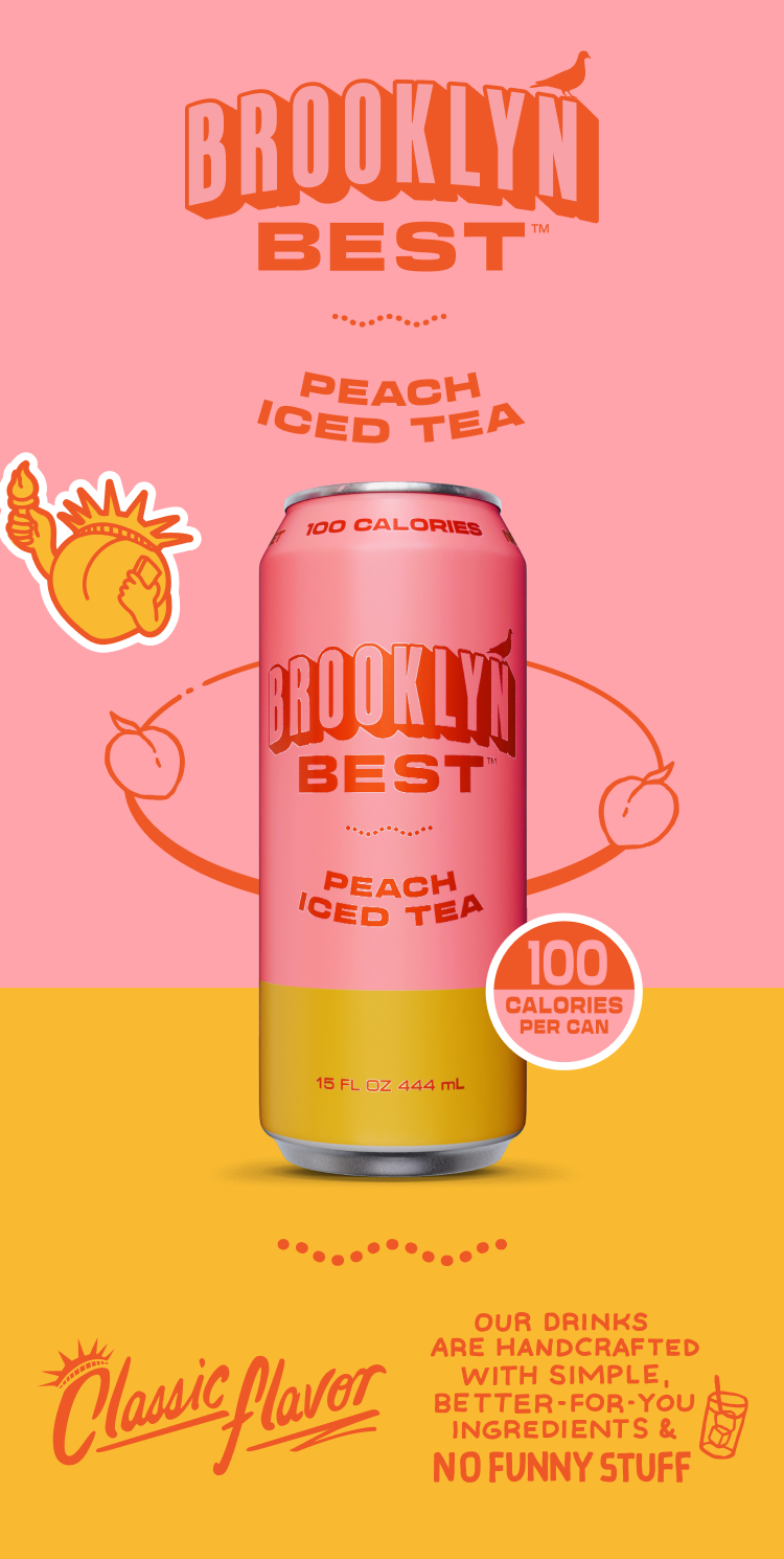 Brooklyn Best Peach Iced Tea can on a pink and yellow background