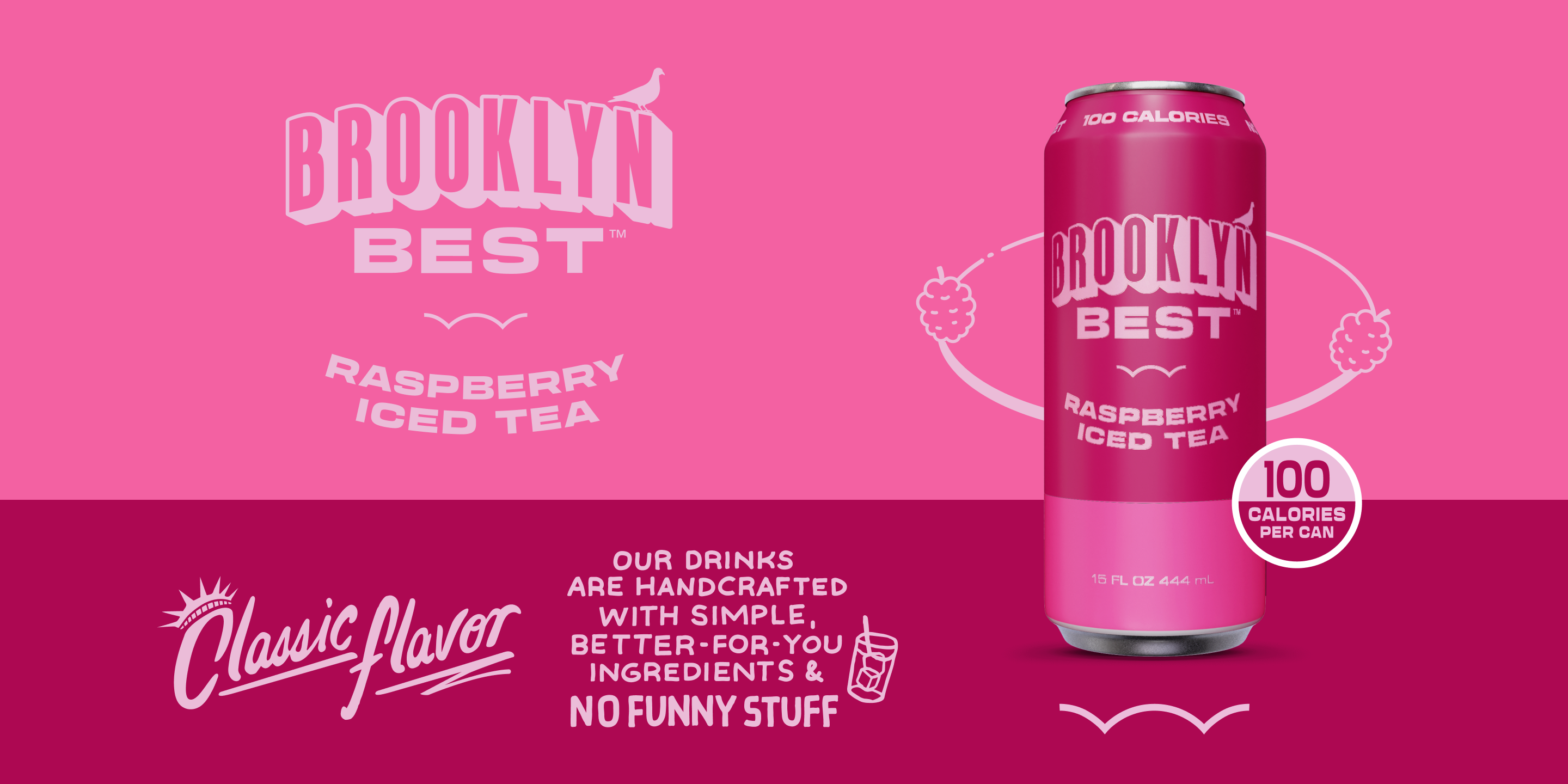 Pink can of Brooklyn Best Raspberry Iced Tea on a pink background with brand logo and text.