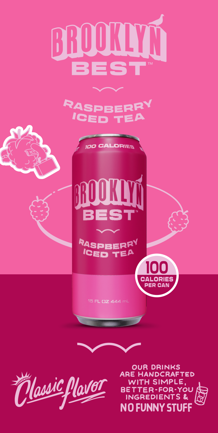Pink can of Brooklyn Best Raspberry Iced Tea on a pink background