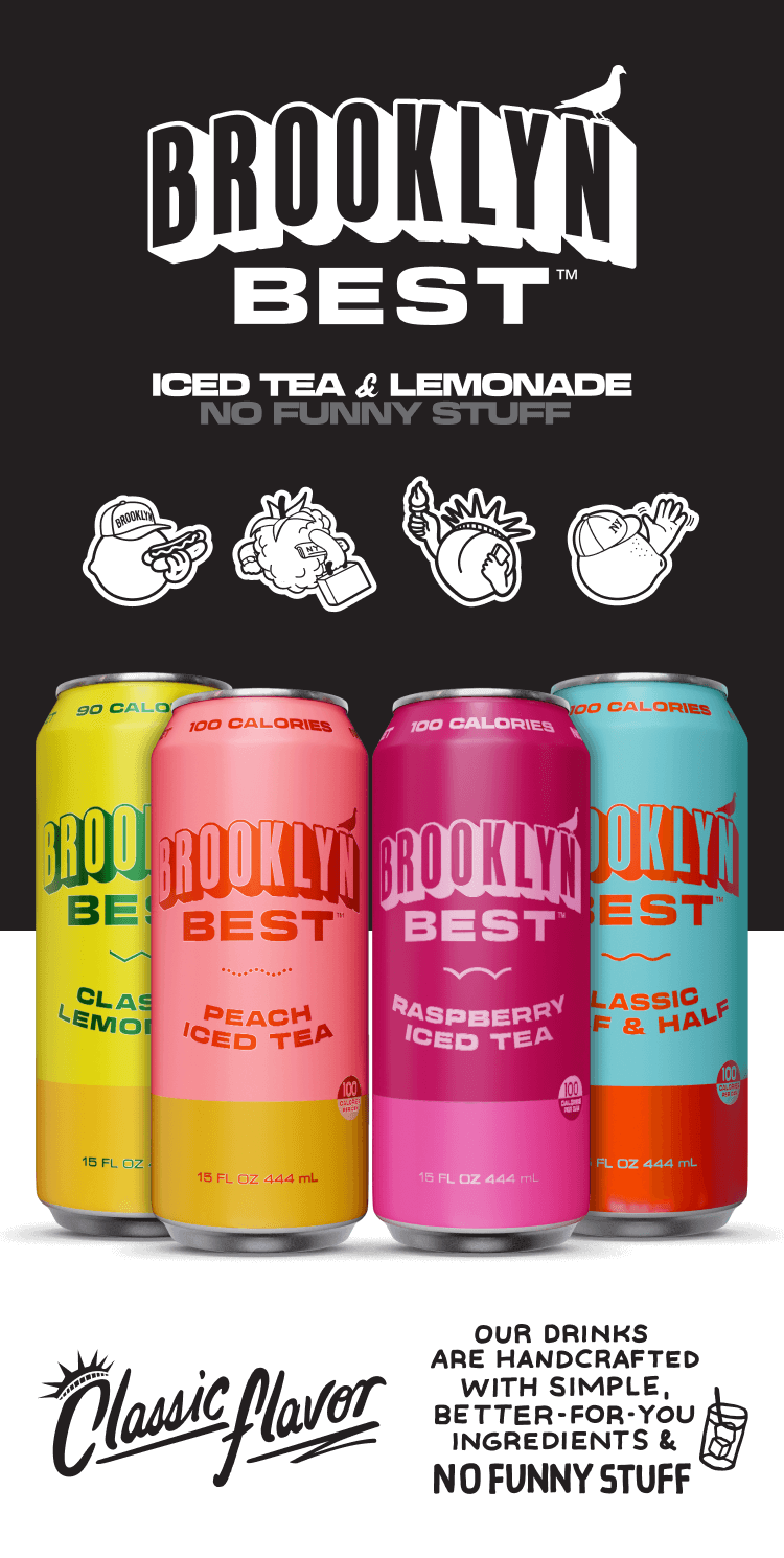 Four colorful bottles of Brooklyn Best iced tea and lemonade with cartoon illustrations on a black background.