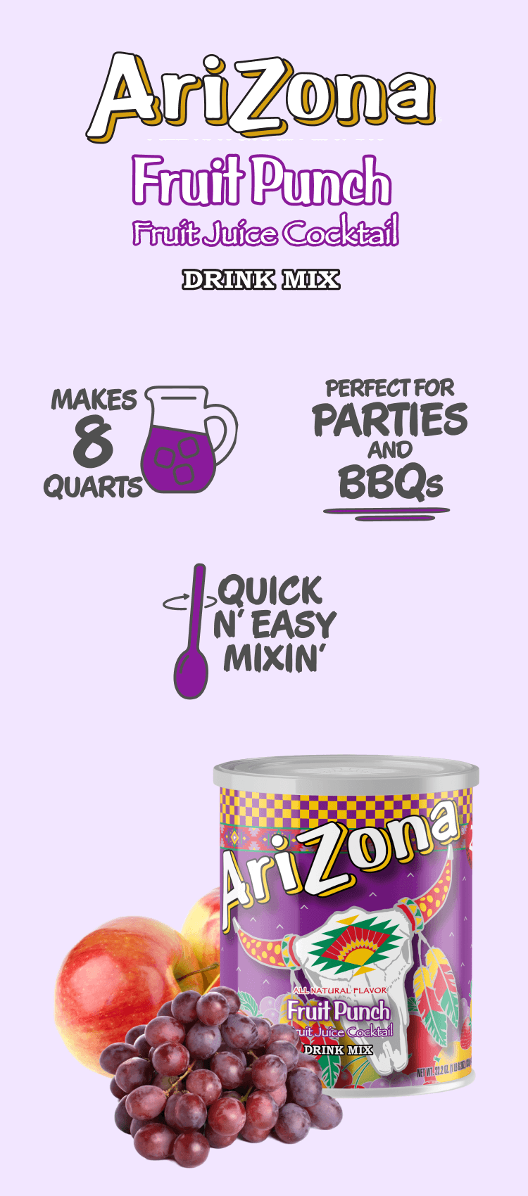 Arizona Fruit Punch fruit juice cocktail drink mix packaging with graphics on a light purple background
