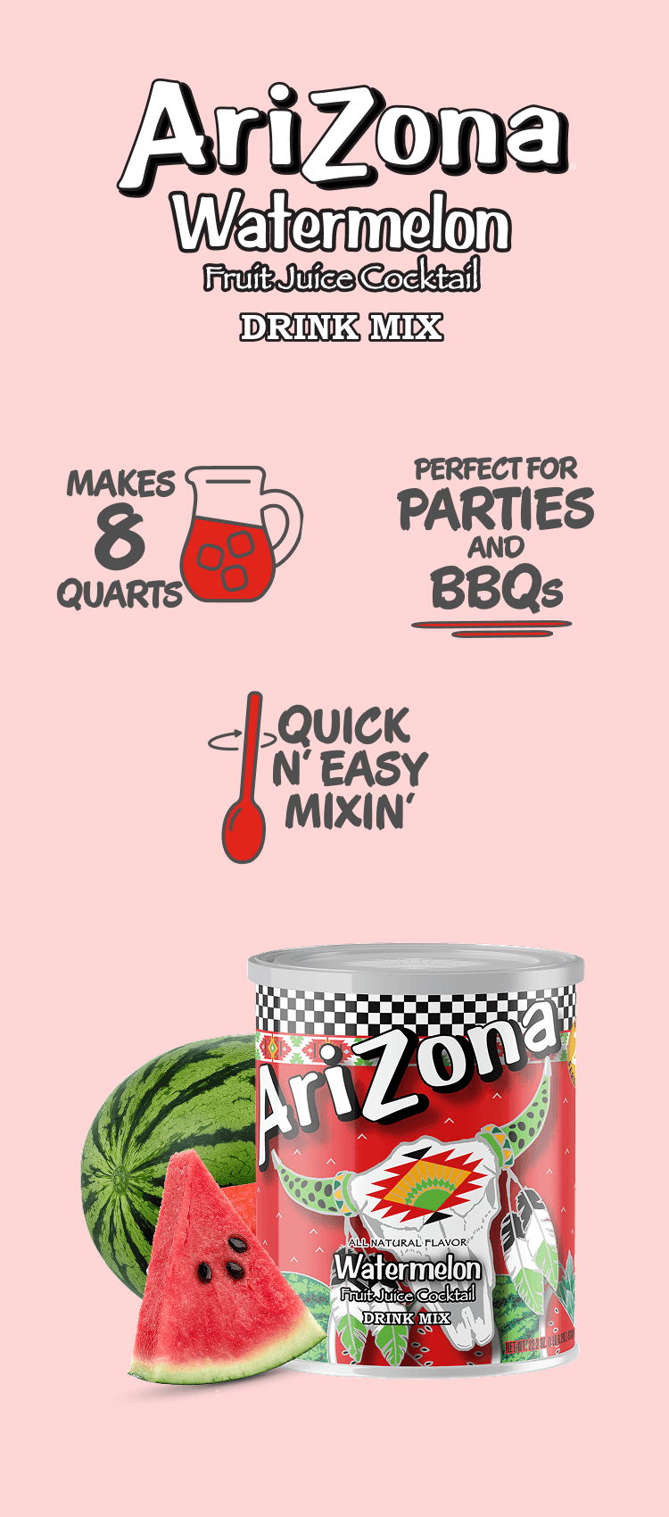 AriZona Watermelon fruit juice cocktail drink mix packaging on a pink background