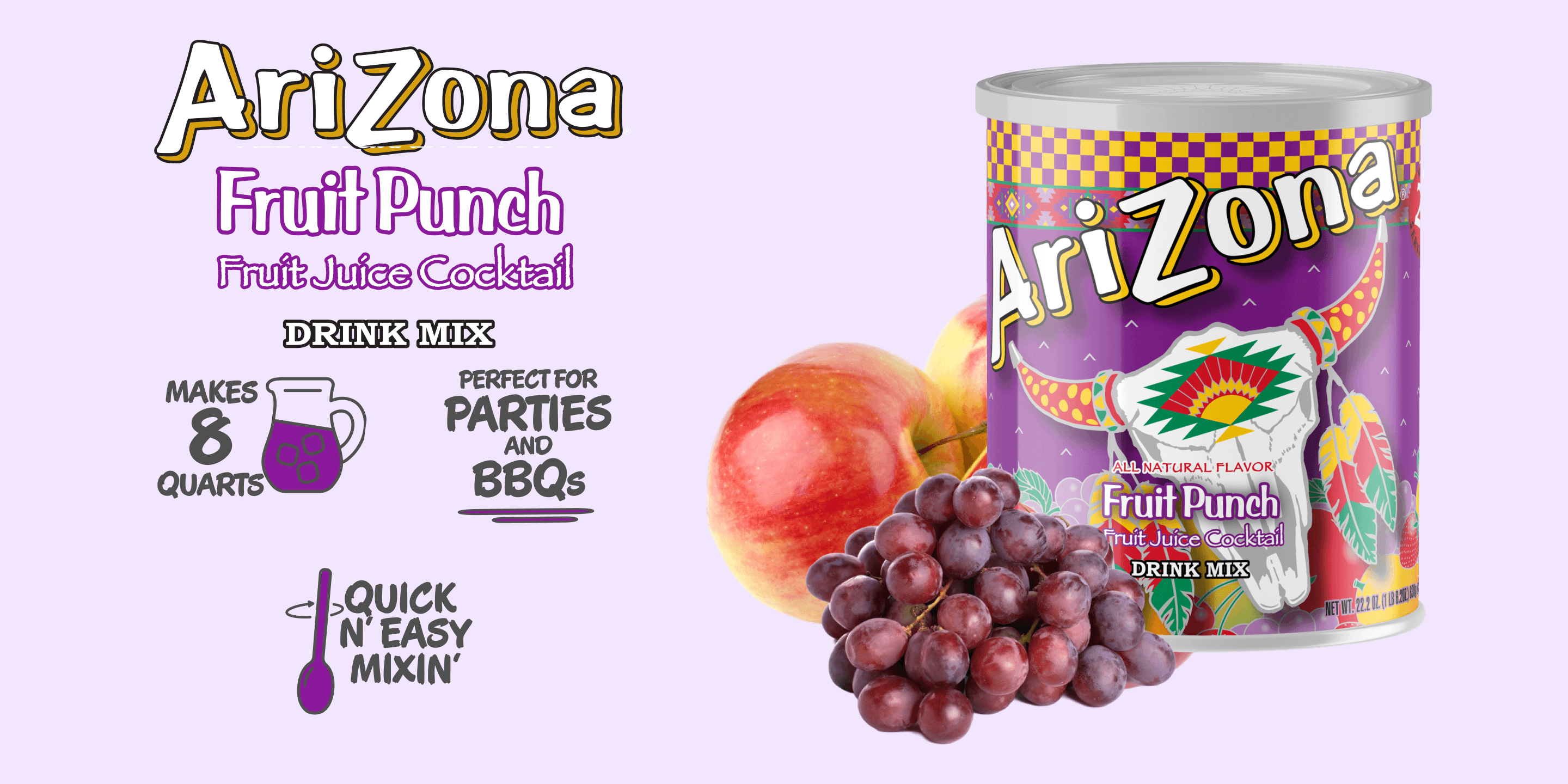 Arizona Fruit Punch drink mix can with fruits on a light purple background