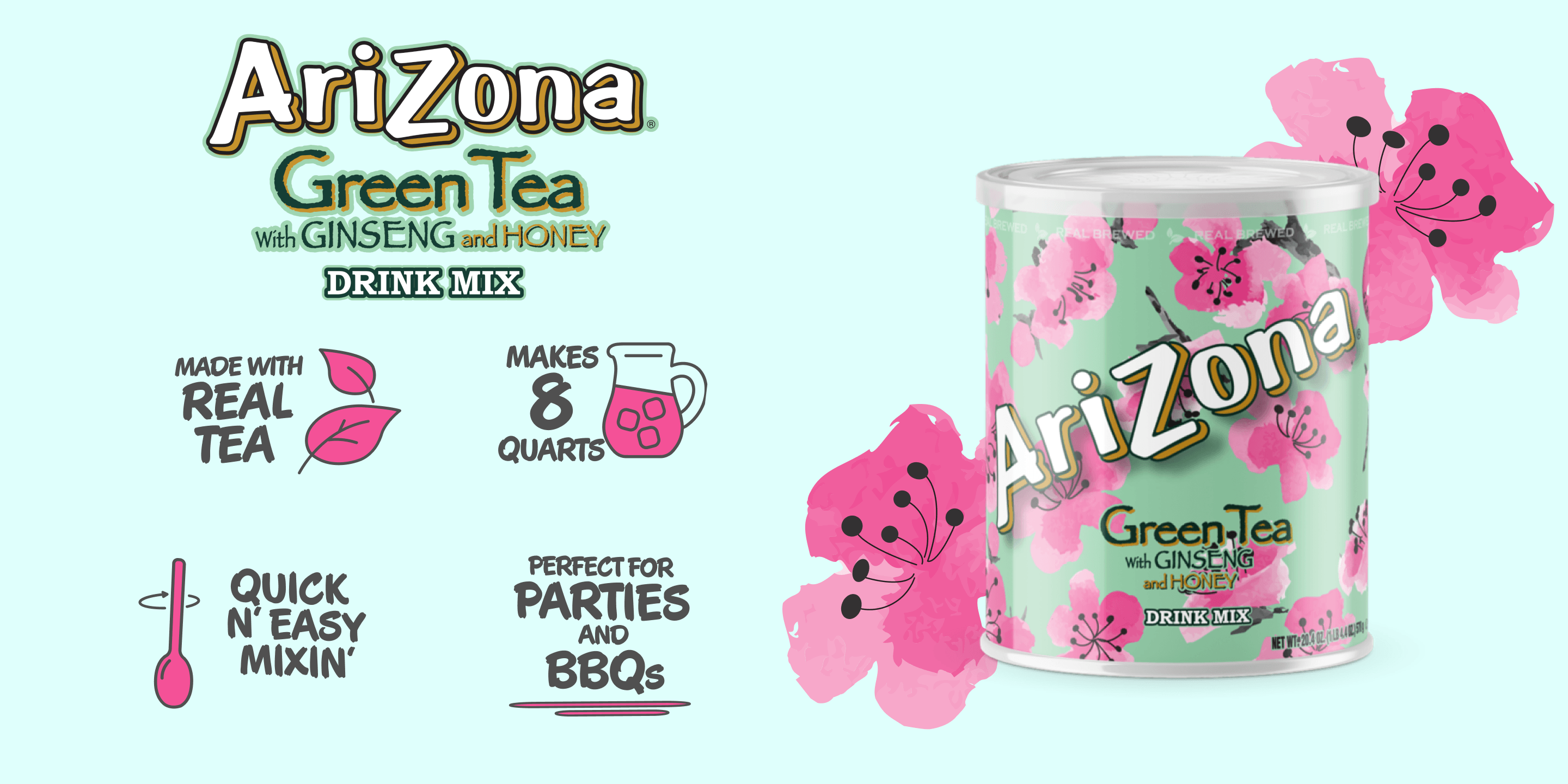 AriZona Green Tea with Ginseng and Honey drink mix can on a light green background with decorative flowers.