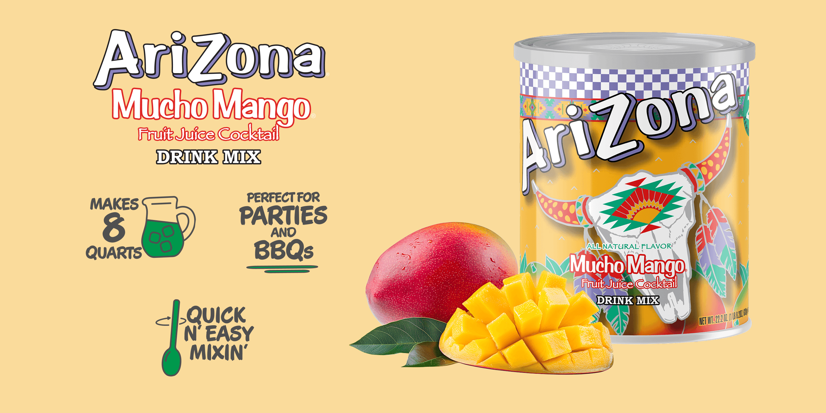 Arizona Mucho Mango drink mix can with mangoes on a yellow background