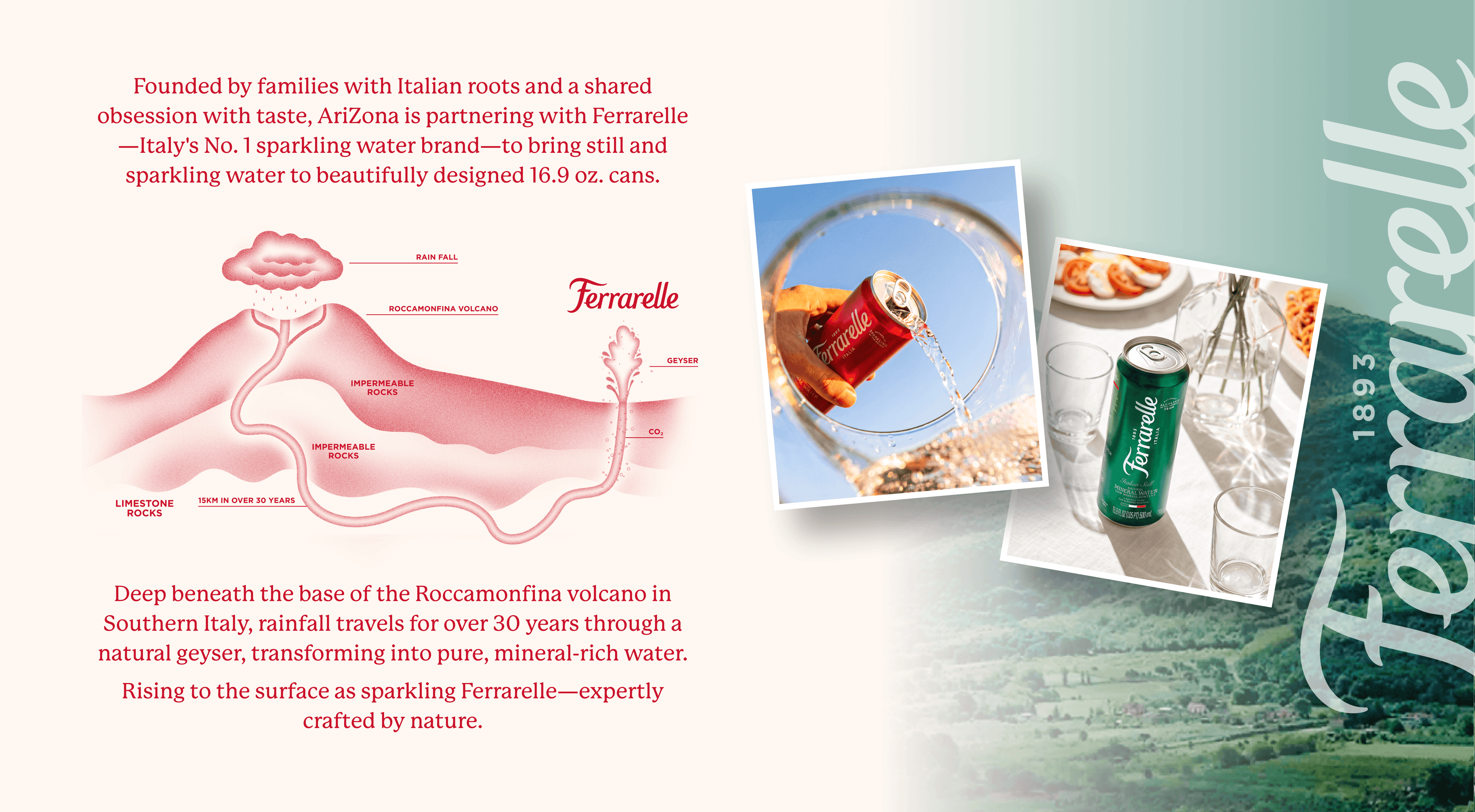 Founded by families with Italian roots and a shared obsession with taste, AriZona is partnering with Ferrarelle—Italy's No. 1 sparkling water brand—to bring still and sparkling water to beautifully designed 16.9 oz. cans.
Deep beneath the base of the Roccamonfina volcano in Southern Italy, rainfall travels for over 30 years through a natural geyser, transforming into pure, mineral-rich water.
Rising to the surface as sparkling Ferrarelle—expertly crafted by nature.