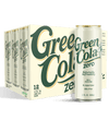 A 12-pack of Green Cola Zero canned soda with one can displayed in front of the carton on a black background.