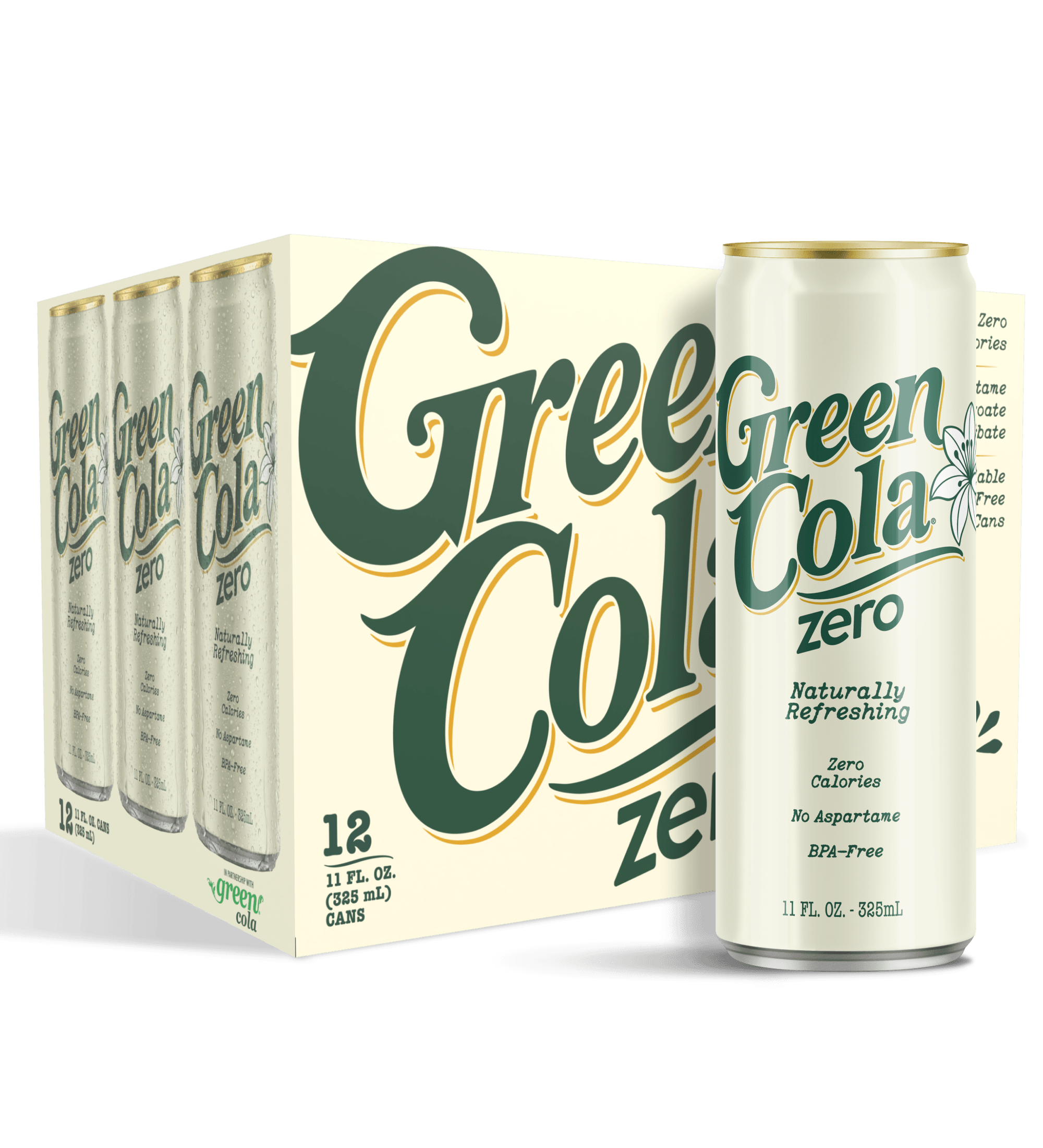 A 12-pack of Green Cola Zero canned soda with one can displayed in front of the carton on a black background.