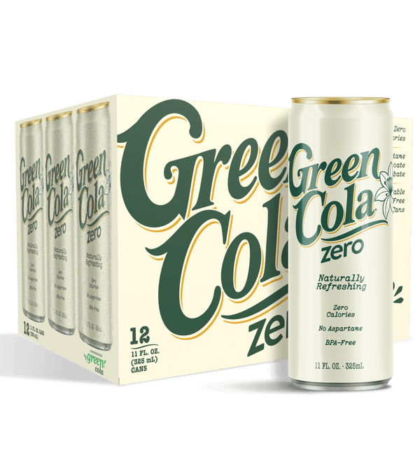 A 12-pack of Green Cola Zero canned soda with one can displayed in front of the carton on a black background.