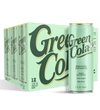 A 12-pack of Green Cola cans shown as a cardboard carton with one can standing in front, on a black background. The packaging and can are a pale mint green with large dark green script reading 'Green Cola' outlined in yellow, plus smaller white text and a small flower logo.