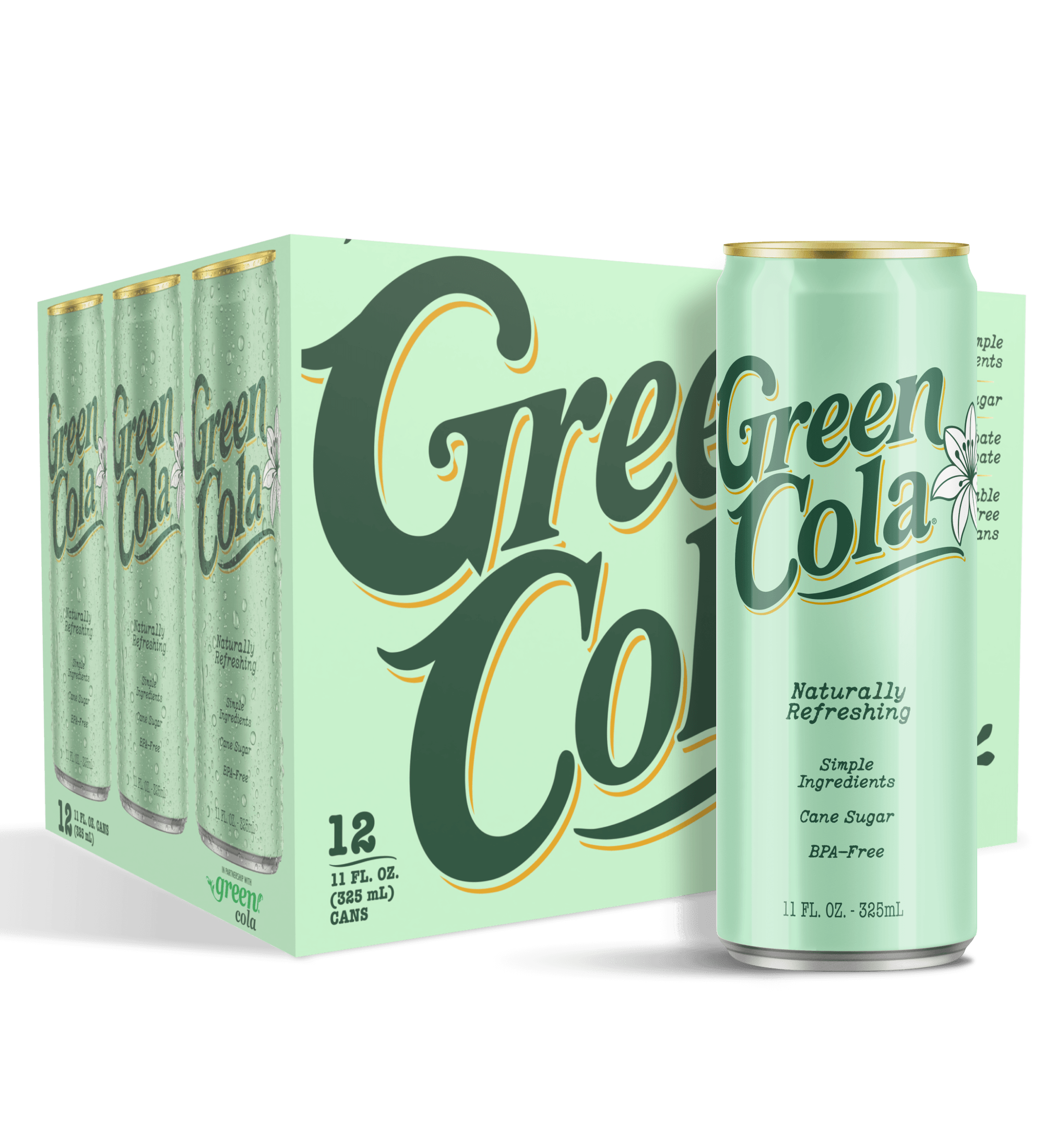 A 12-pack of Green Cola cans shown as a cardboard carton with one can standing in front, on a black background. The packaging and can are a pale mint green with large dark green script reading 'Green Cola' outlined in yellow, plus smaller white text and a small flower logo.