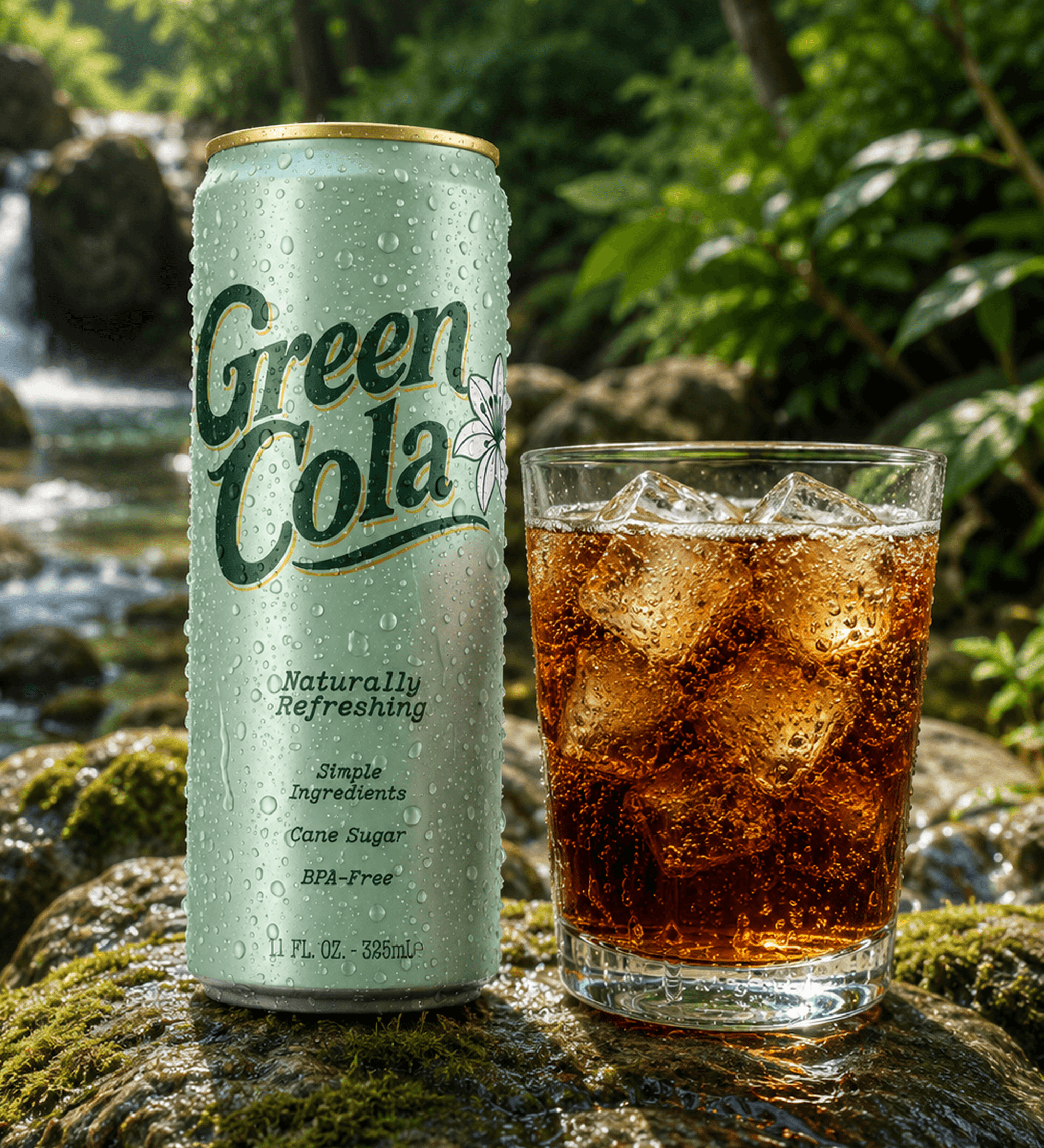 A Green Cola beverage can stands next to a clear glass filled with iced cola on a mossy rock, with a blurred outdoor waterfall and green foliage in the background.