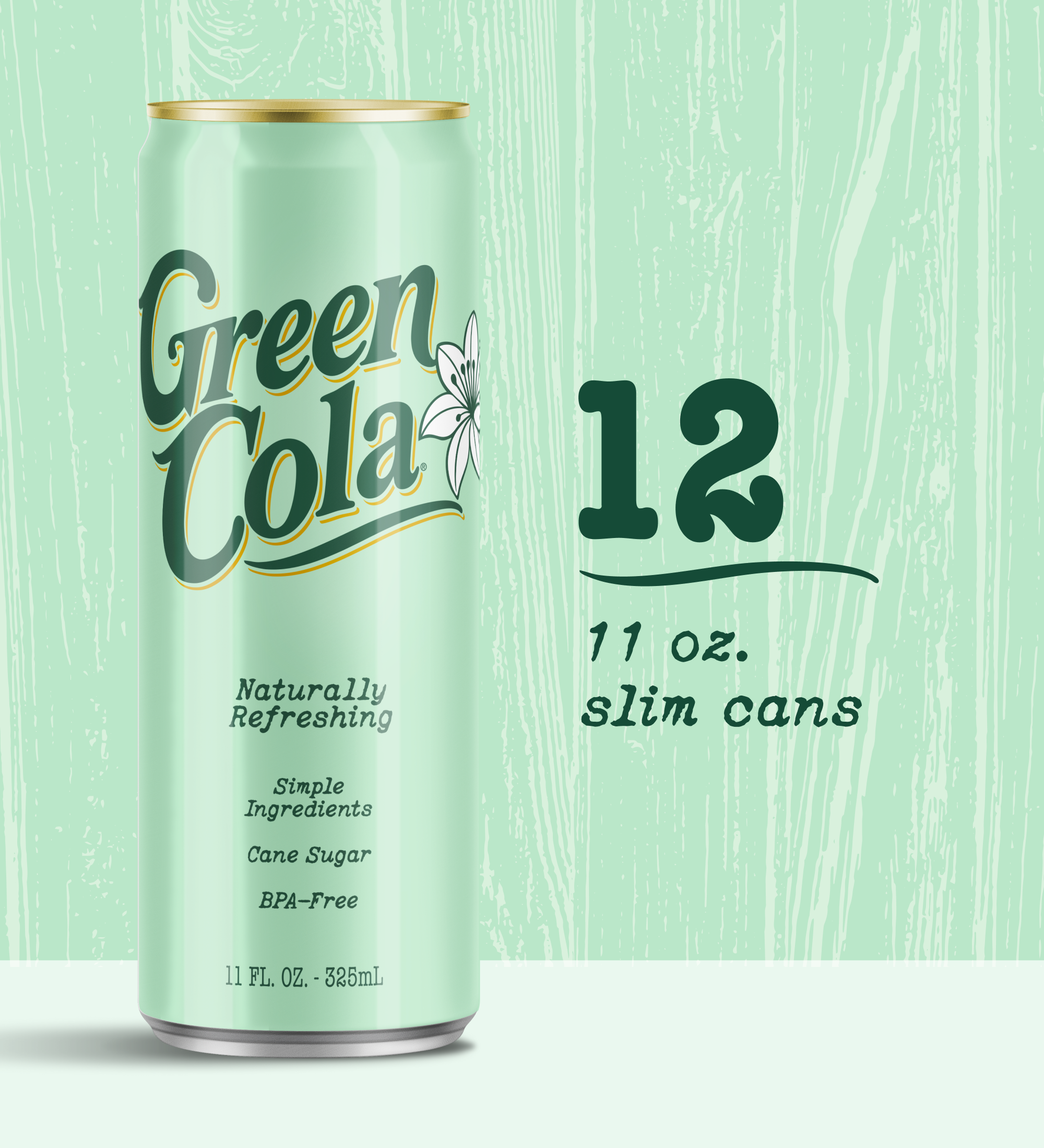 A mint green 11 oz slim can of Green Cola beverage shown on a matching light green wood-textured background, with text reading '12 11 oz. slim cans' beside it.