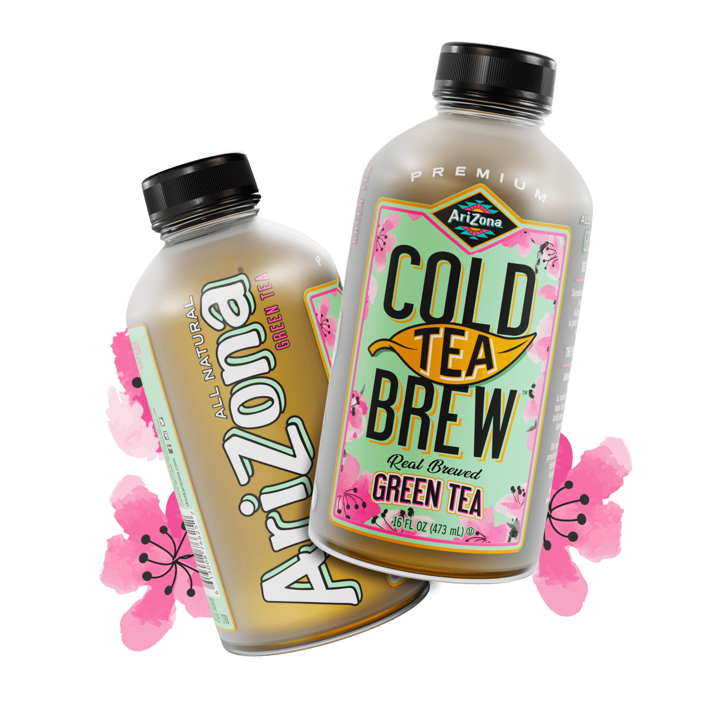 Two bottles of Arizona Cold Tea Brew with decorative pink flowers 