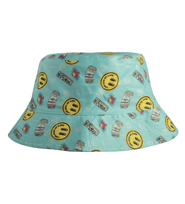 Beige & Teal Green Tea Can Smiley Reversible Bucket Hat
