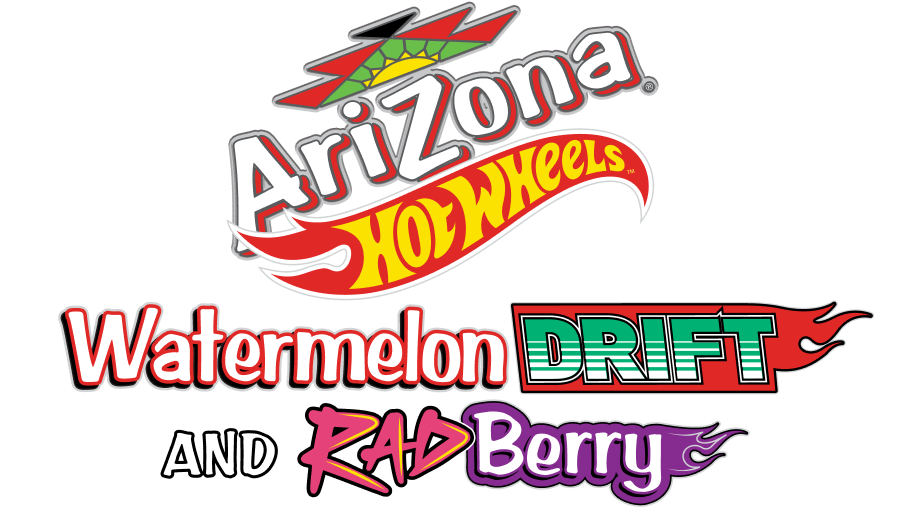 A graphic logo stack featuring the Arizona Hot Wheels logo at the top, followed by the text  Watermelon DRIFT and  AND Rad Berry in colorful stylized fonts on a white background.